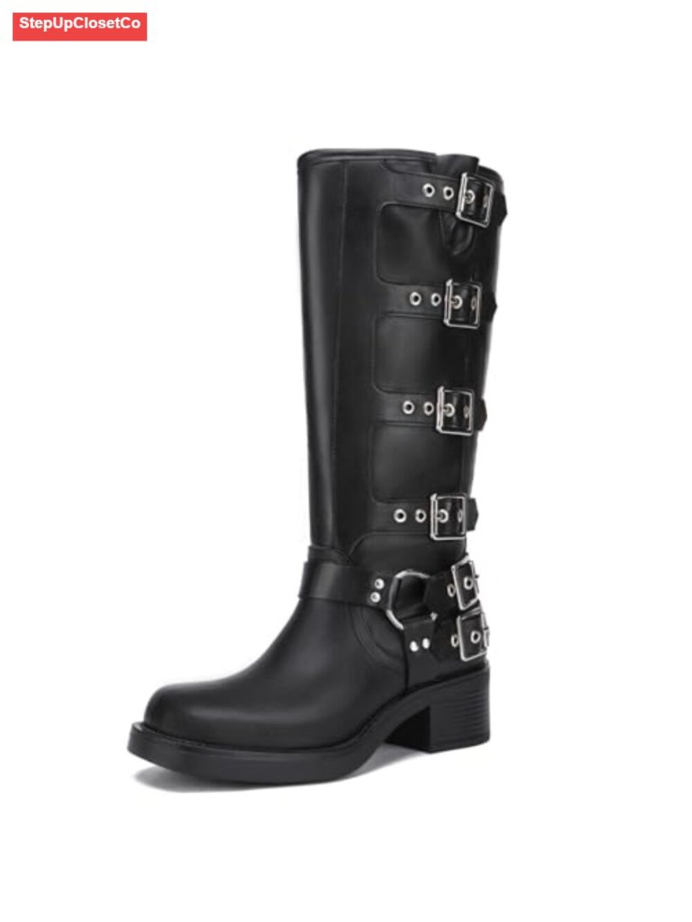 Women's Knee High Riding Boots Buckle Chunky Heel PU Leather